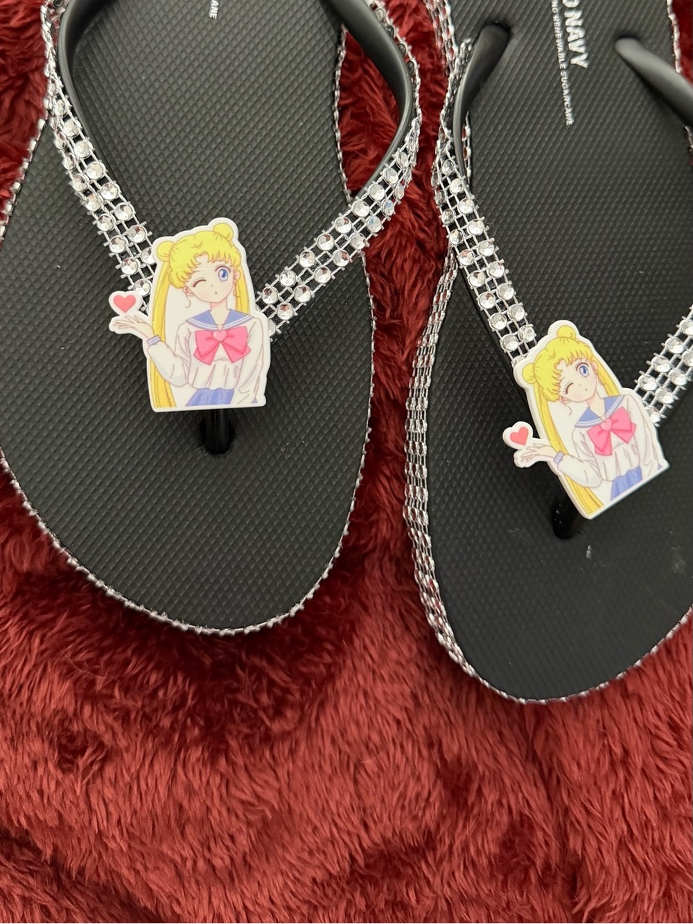 Black Rhinestone Flip Flops with Sailor Character Charm